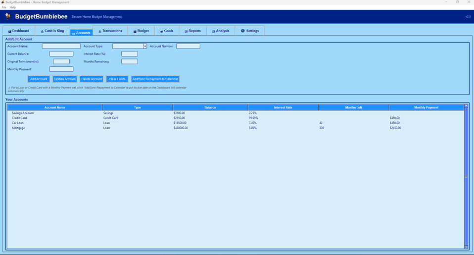 BudgetBumblebee Accounts tab