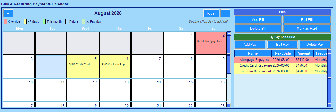 BudgetBumblebee Dashboard bill calendar