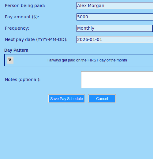 BudgetBumblebee Pay Schedule dialog